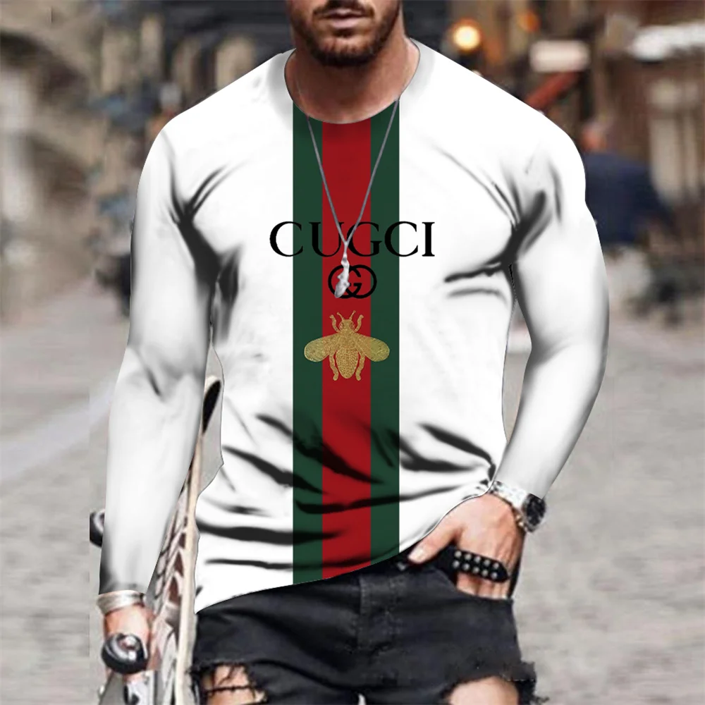 

2021 Summer New Men's 3D GU Classic Bee Fashion Round Neck Long Sleeve Striped Casual T-Shirt Men's Long Sleeve