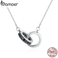 bamoer authentic 925 sterling silver circle in circle black cz pendant necklaces for women sterling silver jewelry gift scn147
