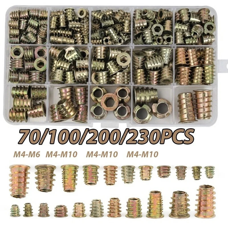 

230/200/100/70PCS Assorted Flanged Hex Drive Head Furniture Nuts M4 M6 M8 M10 Zinc alloyl Thread For Wood Insert Nut