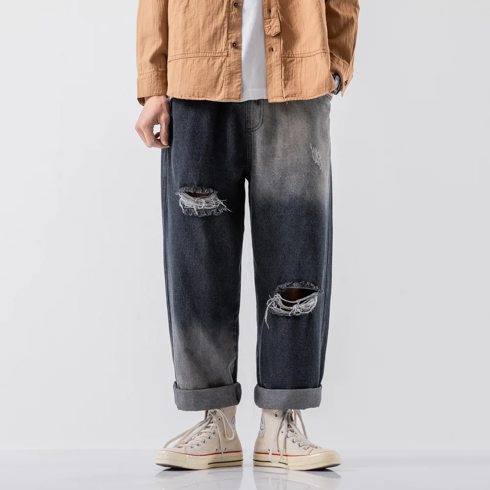 

Spring and summer 2021 new Fashion Denim teenagers men's Korean style loose trend trousers fashion ripped youth jeans men