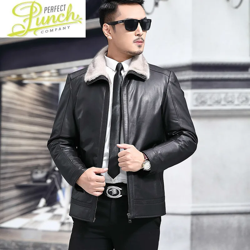 

Men Winter Cow Genuine Leather Jacket Real Liner Warm Down Coats Mink Fur Collar Jaqueta De Couro YY551