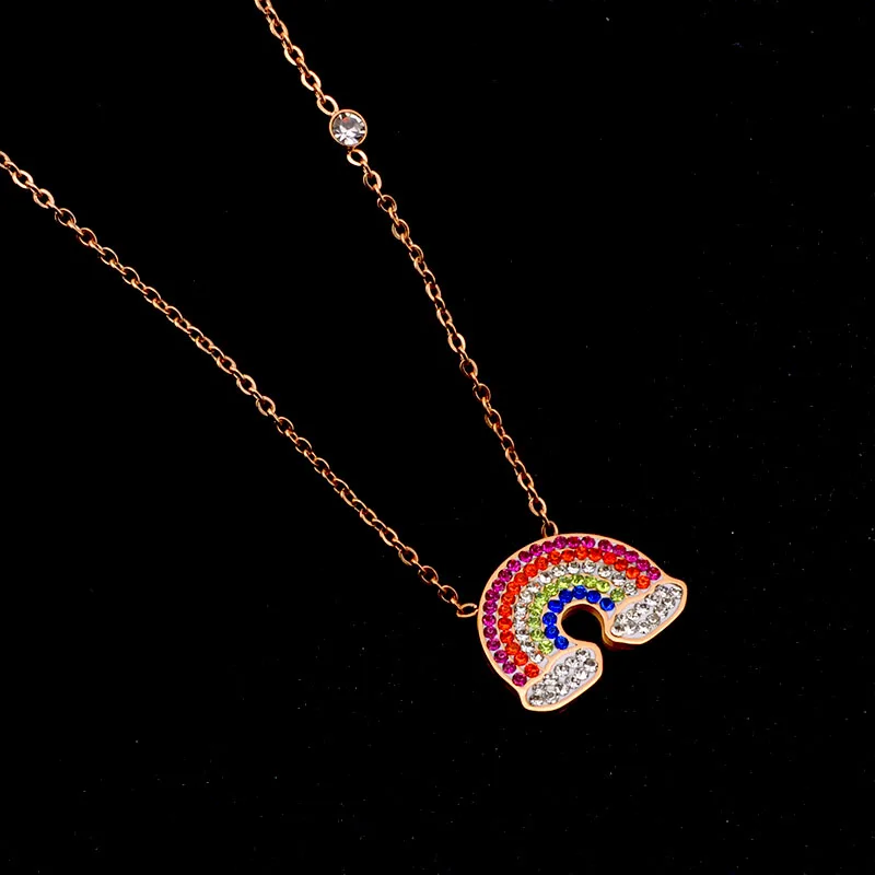 

necklace women rainbow pendant stainless steel fashion simple Zircon necklace fashion crystal rose gold chain necklace jewelry