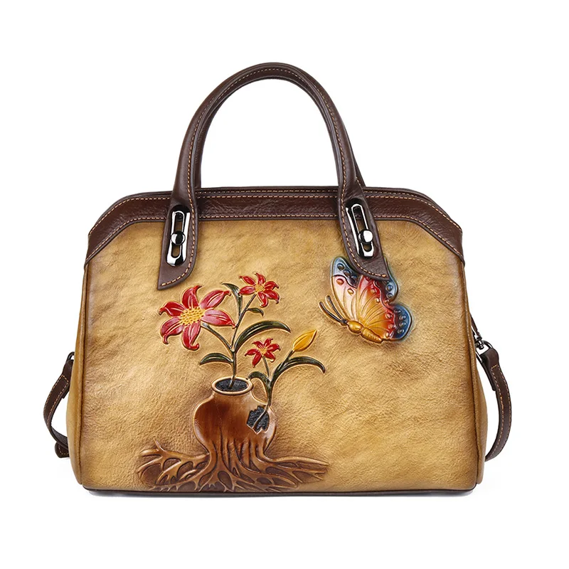 

Women's Genuine Leather Handbag Women Ladies Shoulder Bag Flowers Pattern Handbags Designer Luxury Brand Bags Briefcase Female