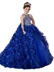 Роскошные Королевский синий цветочные платья для девочек без рукавов маленькая принцесса на день рождения нарядное платье для Первого Святого Причастия нарядное платье