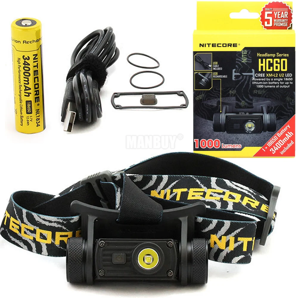 Налобный фонарь NITECORE HC60 HC60W с USB CREE XM L2 U2 1000 люмен налобный для кемпинга +