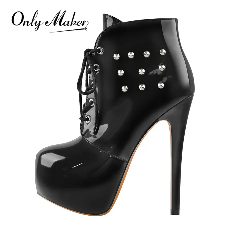 

Onlymaker Women's Platform Black And Pink Rivet Ankle Booties High Heels Lace Up Stiletto Sexy Plus Size Lady Side Zip Boots