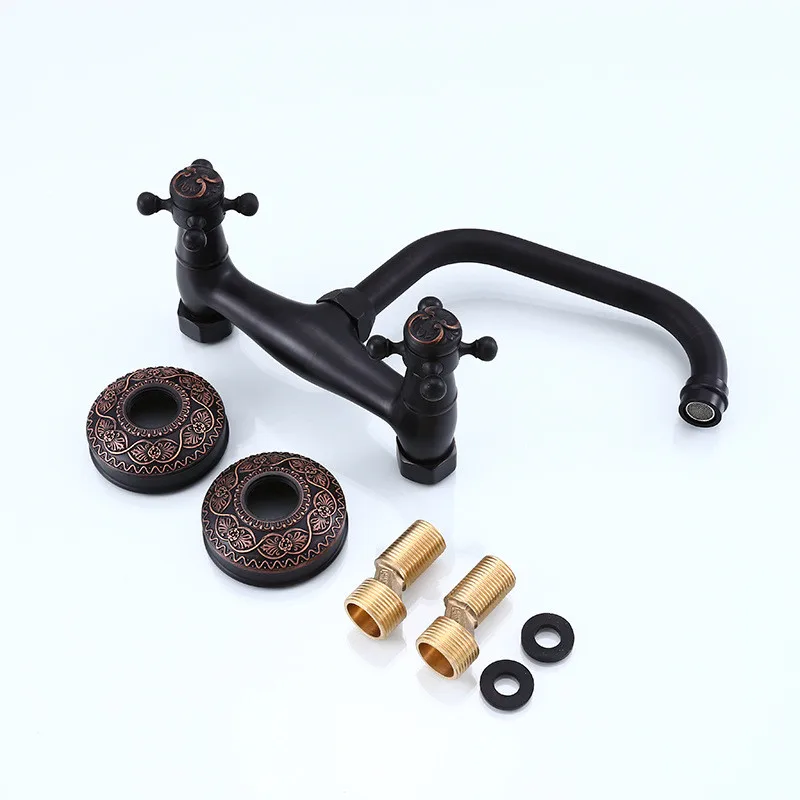 

Wholesale Basin Faucet Retro Black Bathroom Faucet Dual Holder Water Mixer Tap Wall Mounted Kitchen Sink Faucet Dual Hole Copper