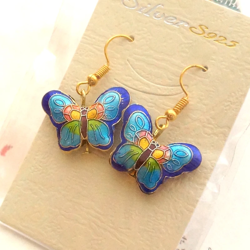 

Cute Multicolor Cloisonne Butterfly Dangle Earrings Traditional Handcraft Copper Insect Jewellery Fashion Women Accessories