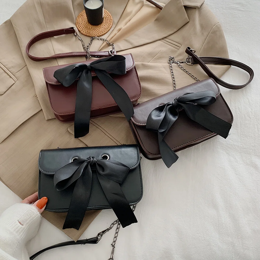 

Vintage Bowknot Solid Color Shoulder Crossbody Bags for Women 2020 PU Leather Purse Female Square Commuter Street Chain Pouch