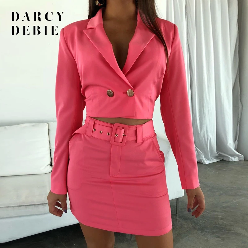 Женский комплект из блейзера и юбки с отложным воротником укороченный офисный