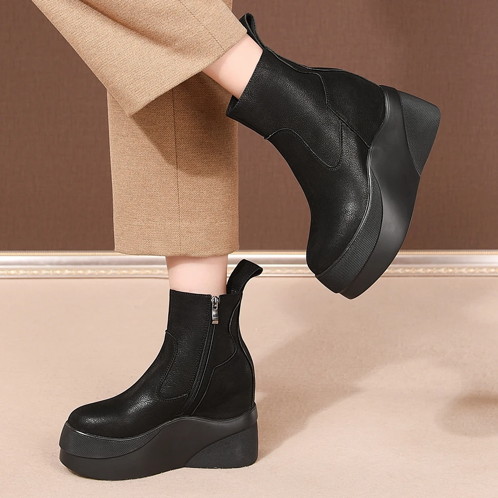 

DORATASIA High Platform Women Thick Sole Height Increasing High Heels Shoes Autumn Boots Women Genuine Leather Boots