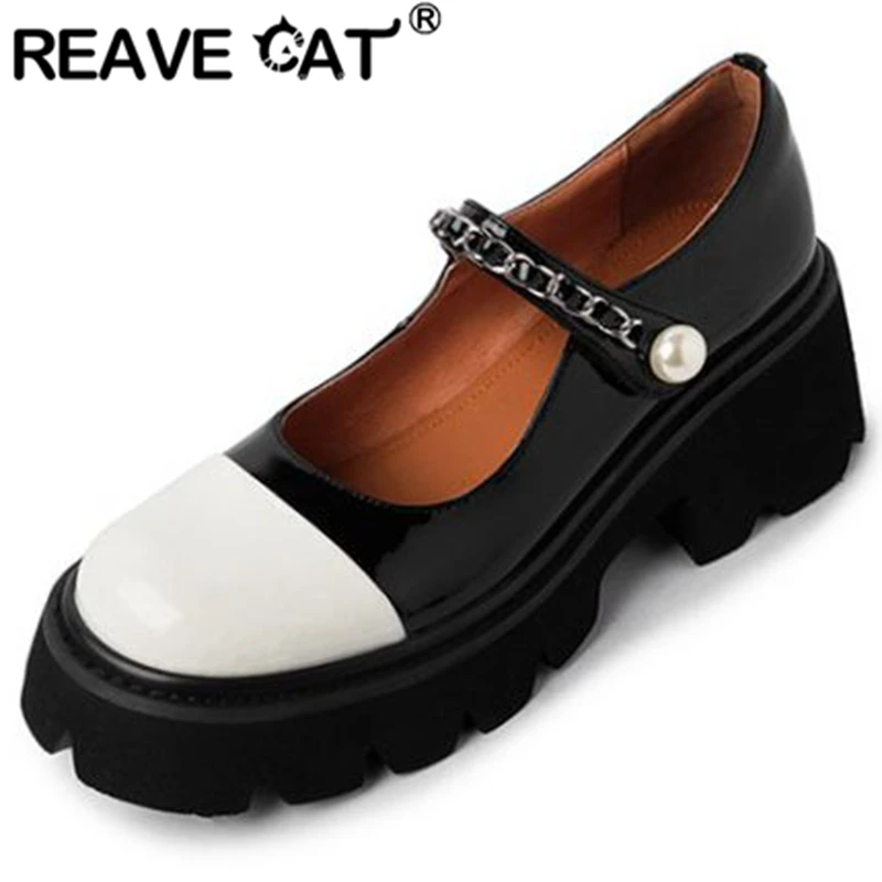

REAVE CAT Platform Woman Pumps Round Toe Thick Heels Patent Leather Buckle Strap Size 34-40 Mix Color Black White Chains S3029