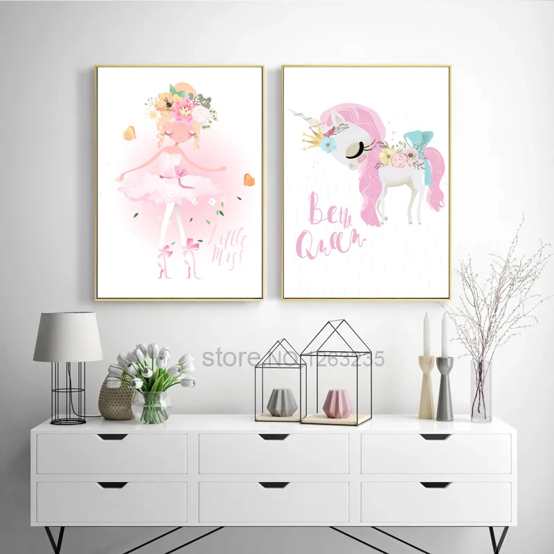 Розовый Единорог скандинавский принт цветок постер с принцессой украшение