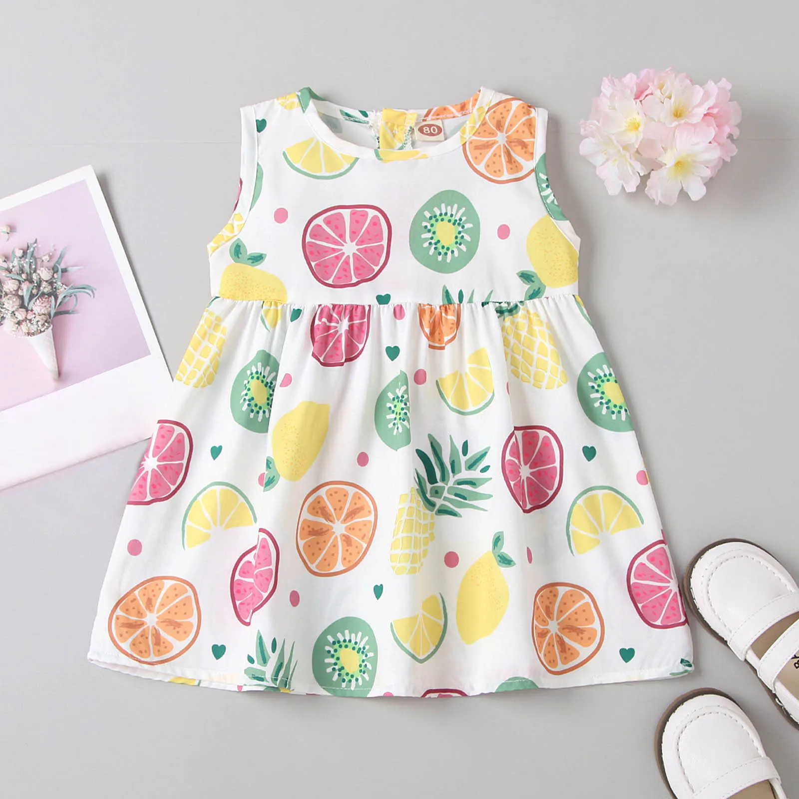Летнее платье без рукавов с принтом фруктов для маленьких девочек принцессы