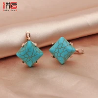 shenjiang new vintage elegant square synthetic turquoises 585 rose gold dangle earrings for women wedding jewelry fine gift