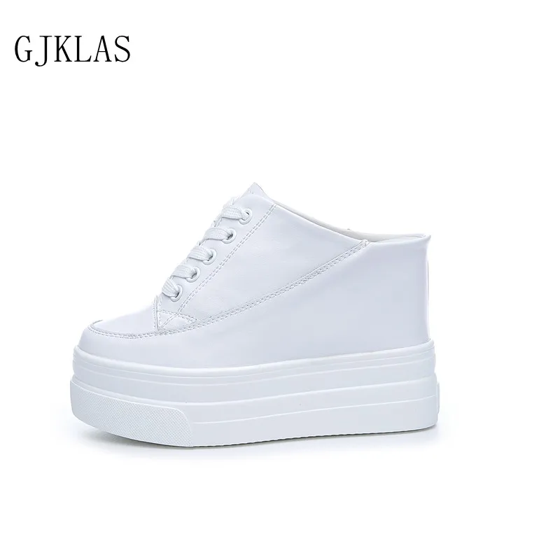

Genuine Leather Casual Wedges Shoes for Women Slip on Walking Shoes Woman Slippers Black White Woman Vulcanize Shoes Platforms