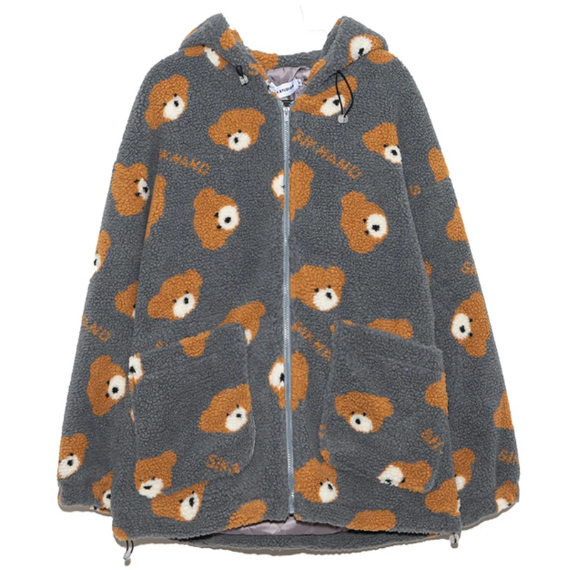 

Mens Bear Printed Hooded Sweatshirt худи оверсайз Unisex Oversize Velvet Thick Couple Super Soft Lamb Wool Jackets Hoodies Coats