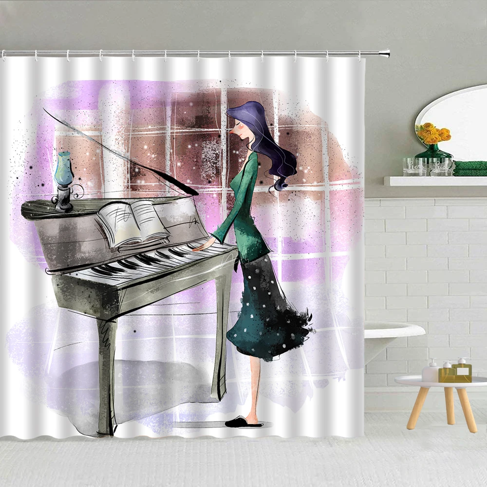 

Music Notes Instrument 3d Shower Curtain Piano Keyboard Custom Bathroom Decor Waterproof Eco-friendly Fabric Screen with C-hook