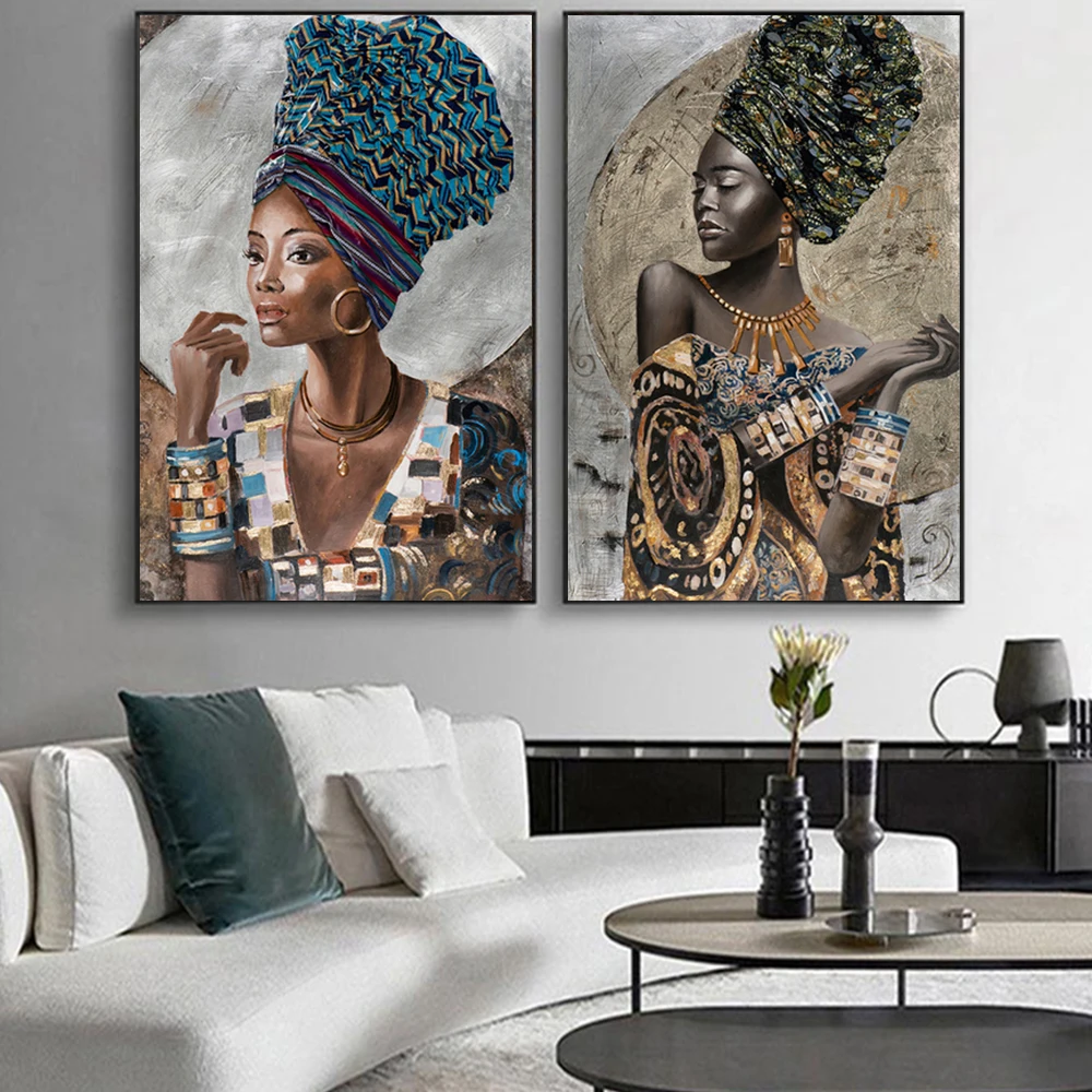 

Black Gold Nude African Woman with Exquisite Headdress Oil Painting on Canvas Posters and Prints Scandinavian Wall Art Picture