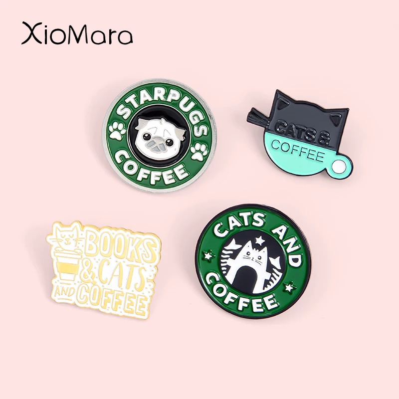 

Animal Cafe Enamel Pins Custom Badge Cat Dog & Coffee Cup Books Jewelry Pug Puppy Kitty Brooches Lapel Pin For Friends Gifts