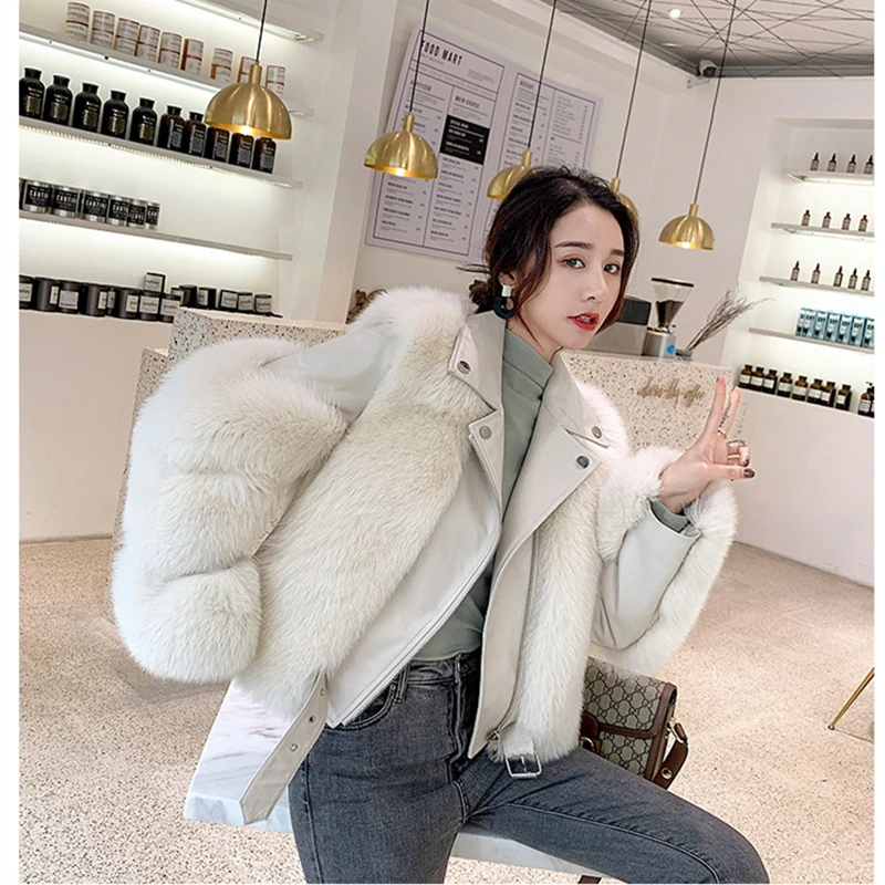 2021 New Skin Thin Jacket Ms. Fox Fur Coat Female Motorcycle Model Leather FashionShort Coat Women's Coat Fur Jacket Fox Fur