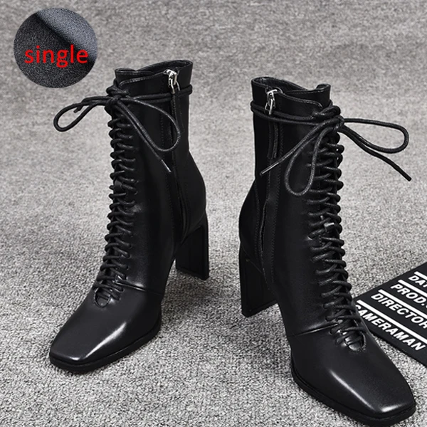 Black Single Boots Женские кожаные ботинки; модная обувь на высоком каблуке; зимние женские Ботинки martin на шнуровке; ботильоны с квадратным носком; женская обувь на каблуке - Цвет: Black Single Boots