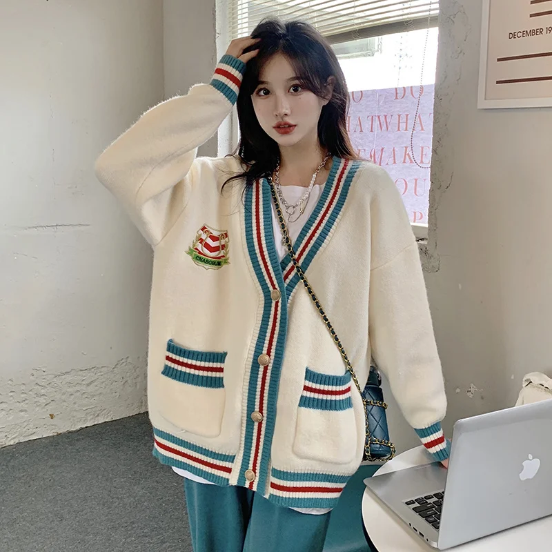 

Women Knitted Cardigan Sweater Casual Long Sleeve 2021 Korean College Style V-neck Chic Fashion Spring Knitwear Cardigans Coats