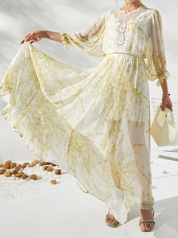 

Retro print, contrast color, purslane collar, lace, leaky back, imitation silk, high-waist dress, new autumn style, tutu skirt