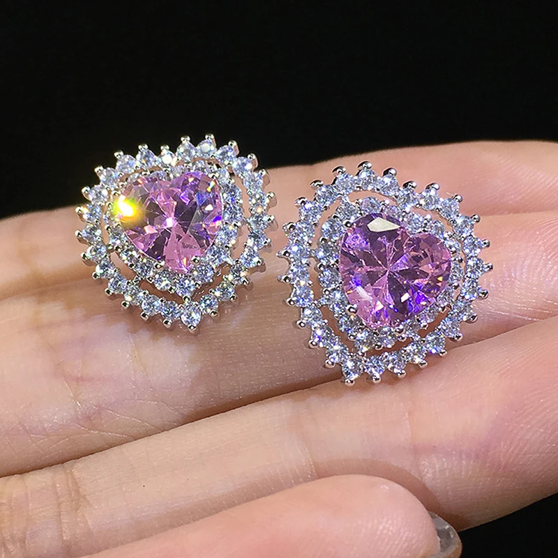 

Huitan Love Stud Earrings for Women Pink Color Cubic Zirconia Brilliant Princess Cute Gift Statement Silver Color Heart Earrings