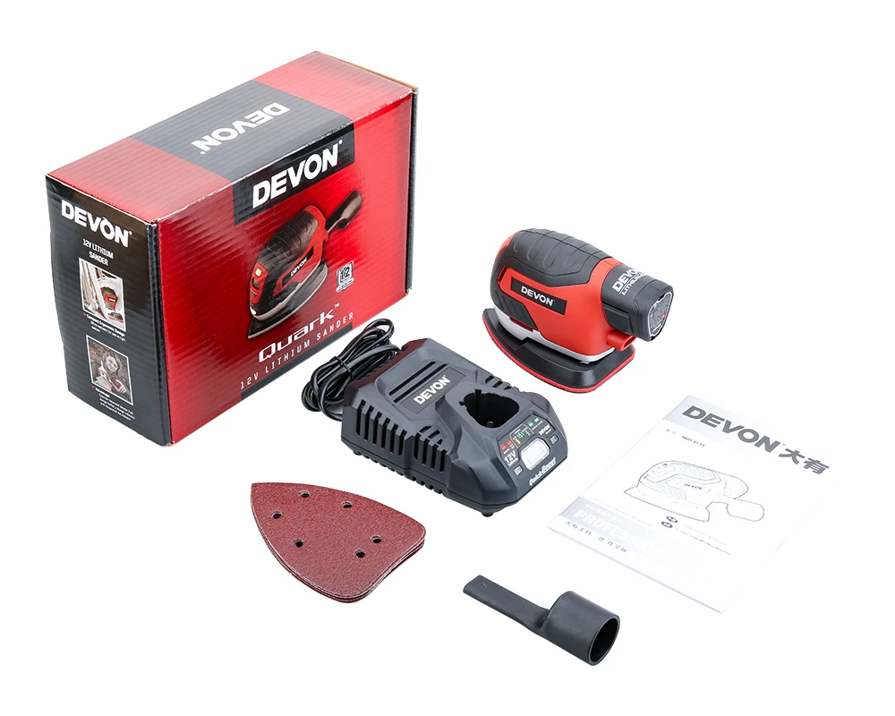 DEVON 12V электрический беспроводной шлифовальный станок для ладони плоский шлифовальный станок для мебели шлифовальный станок Полировальный Инструмент для дерева литий-ионный аккумулятор с вакуумным адаптером