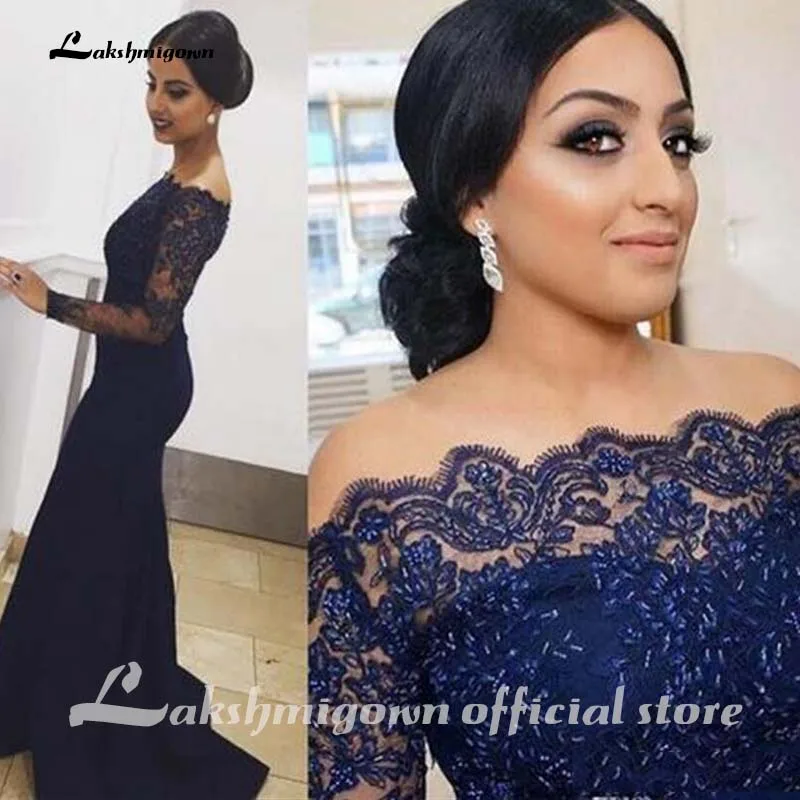 

Navy Blue Lace Evening Dresses Long Sleeves Mermaid Formal Long Prom Gowns Lace Beading Bateau Neck Sweep Train Satin Mother Dre