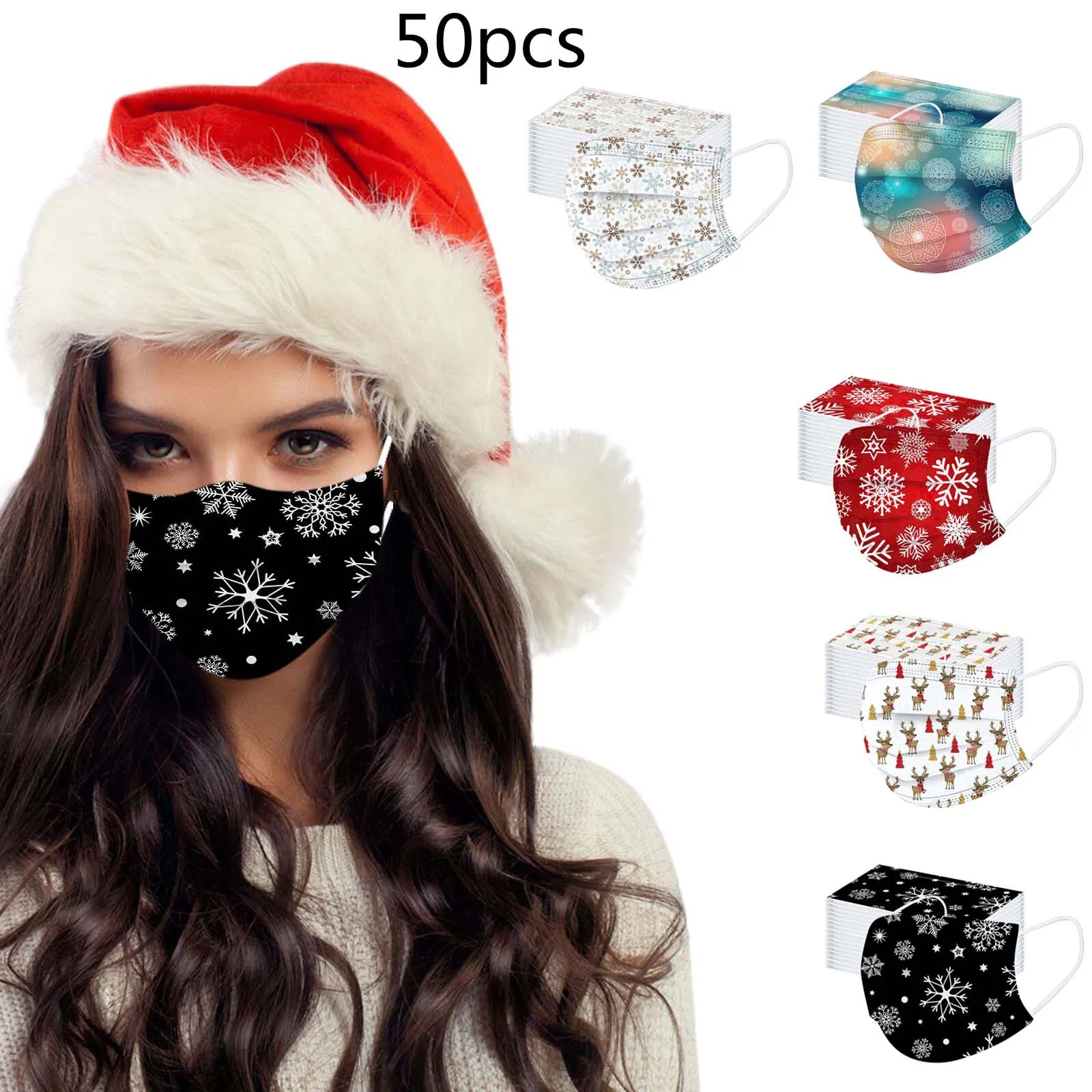 

50pc Christmas Disposable Masks for Protection Adult Printed Face Mask Women Men Disposable Earloop Mask mascarilla masque B10