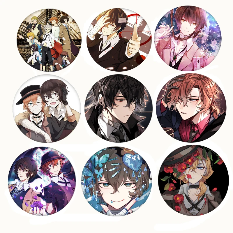 

Bungou Stray Dogs Dazai Osamu Brooch Anime Figures Round Stainless Steel Pins Backpack Bag Decoration Clothes Shirt Lapel Badge