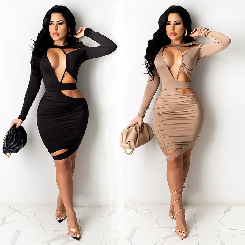 

Hollow Pleated Sexy Nightclub Long-sleeved Tight-fitting Dress Solid Color High Waist Summer Mini Skirt Spandex Sheatb Dress
