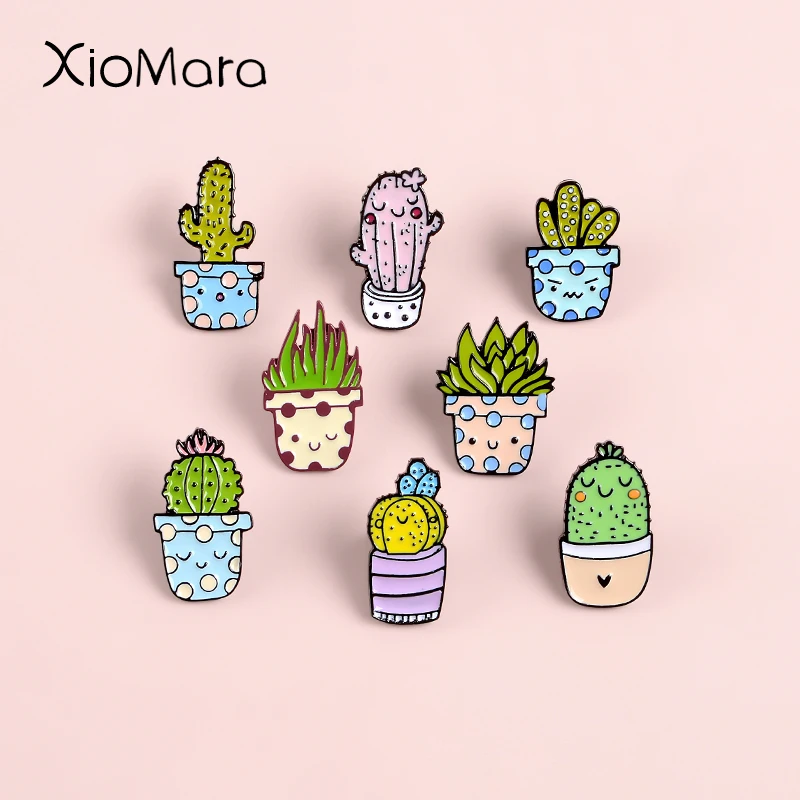 Брошь на воротник с эмалью зеленое растение в горшке С КАКТУСОМ алоэ | Украшения и