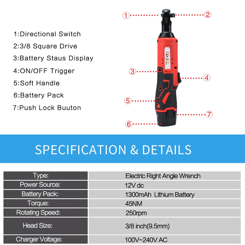 Haowook 12V электрический ключ с трещоткой 45NM Torque 3/8 дюймов беспроводной 1300mAh
