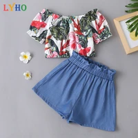 2021 summer girls clothes set flower blouse blue shorts pants short sleeves baby girl outfits toddler 2 to 6 years kids clothing