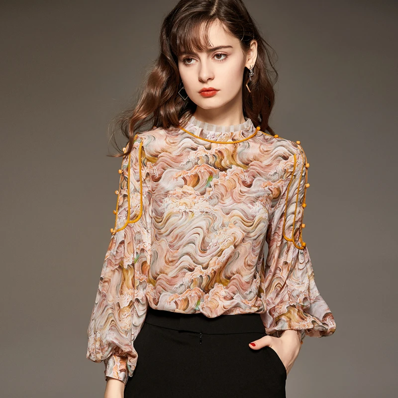 

100% Silk Women's Shirt O Neck Ruffled Collar Long Lantern Sleeves Printed Piping Fashion Casual Blouse