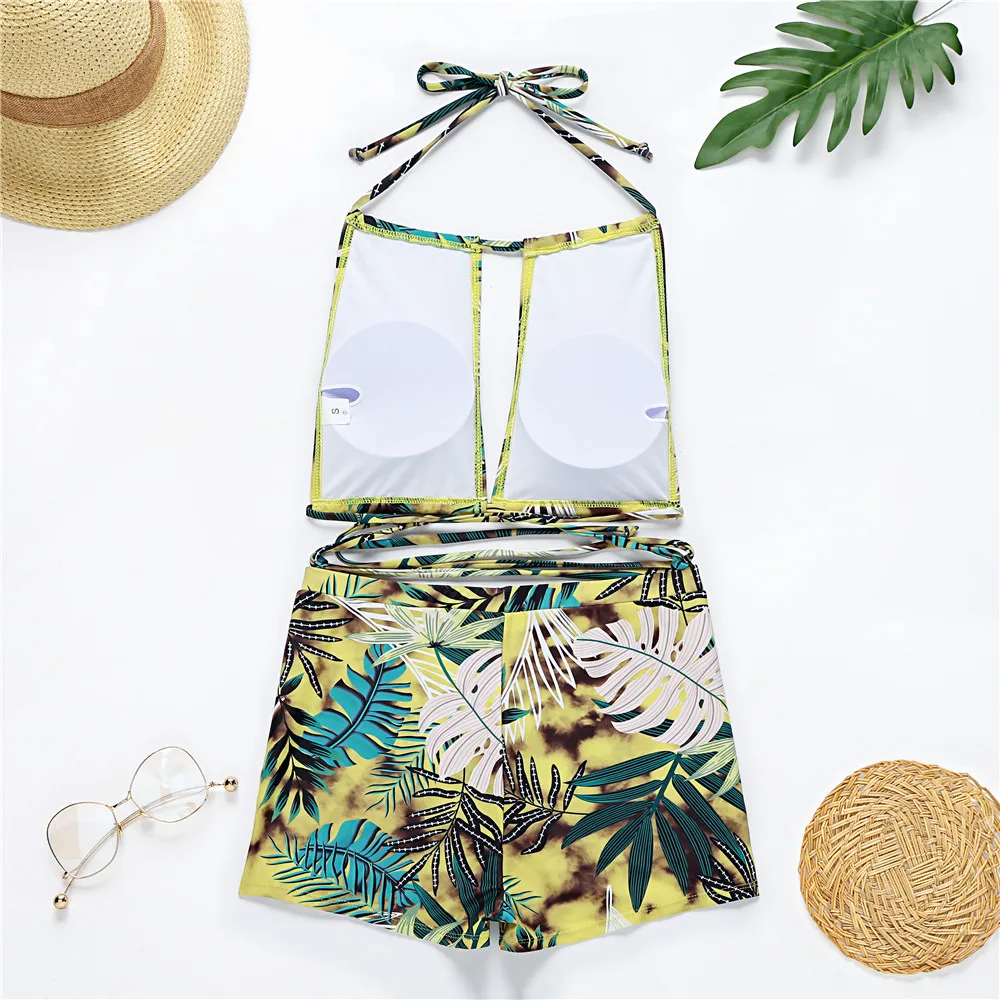 

Bikini 2021 Women Leaf Print Siwmsuit High Waist Bike Shorts Sexy Brazilian Bikinis set Swimwear Bathing Suit