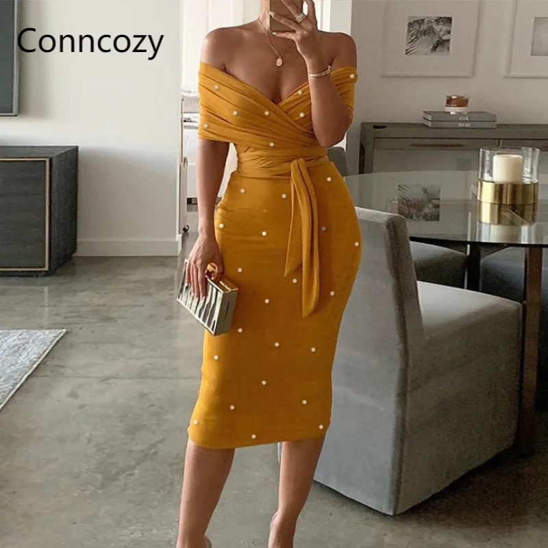 

Sexy Dress Women V Neck Summer Beading Lace Up Party Dress Elegant Fashion Off Shoulder Slim Midi Pencil Dresses Yellow Pink