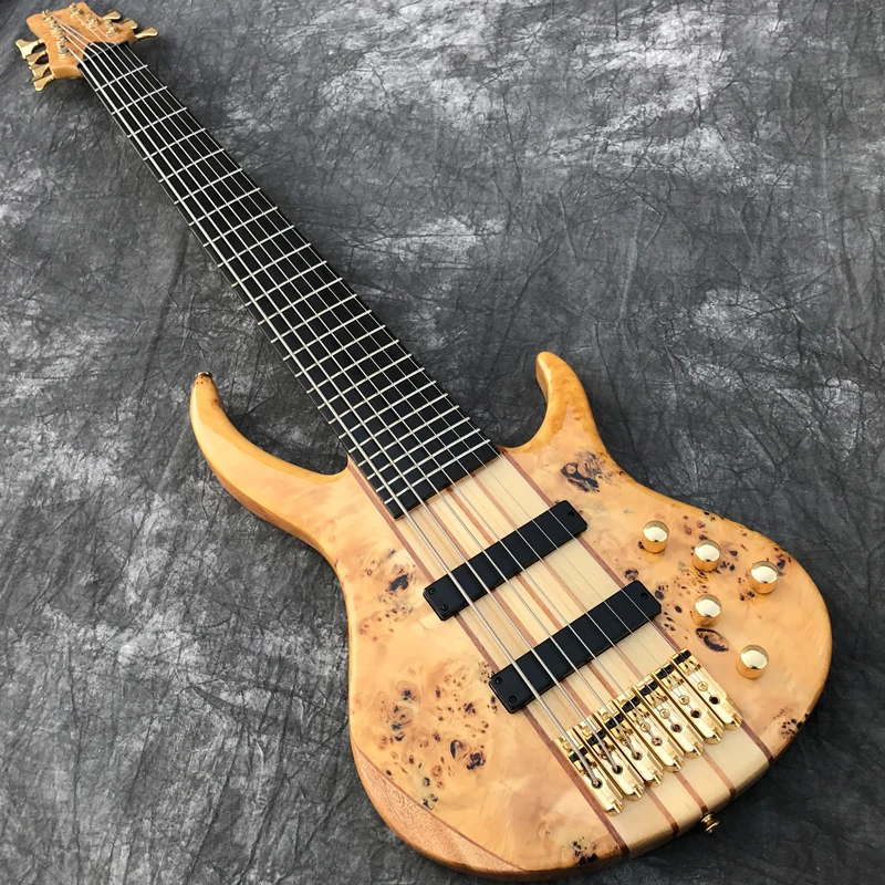 Вымершие 7 струн электрический бас, 11 шт. через шею, твердые Spalted кленовый заусенец, гриф из черного дерева, активные звукосниматели, реальные фото показывает