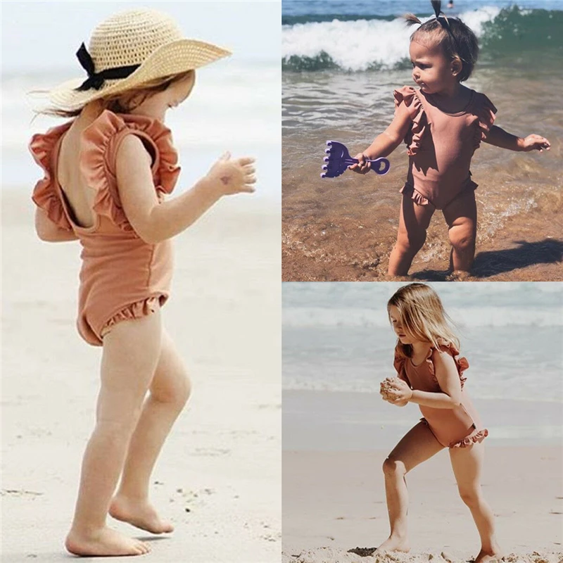 Модный летний купальный костюм бикини с рюшами для маленьких девочек однотонный