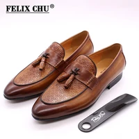 felix chu mens tassel loafers genuine leather luxury italian men style slip on dress shoes party wedding casual shoes fashion