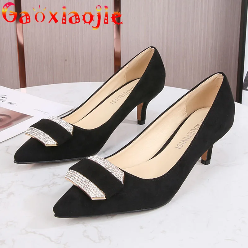 

Женская модная обувь из флока с острым носком на высоком каблуке 2021 Новые блестящие водяная дрель пряжки на 5 см; Удобные туфли-лодочки в дел...