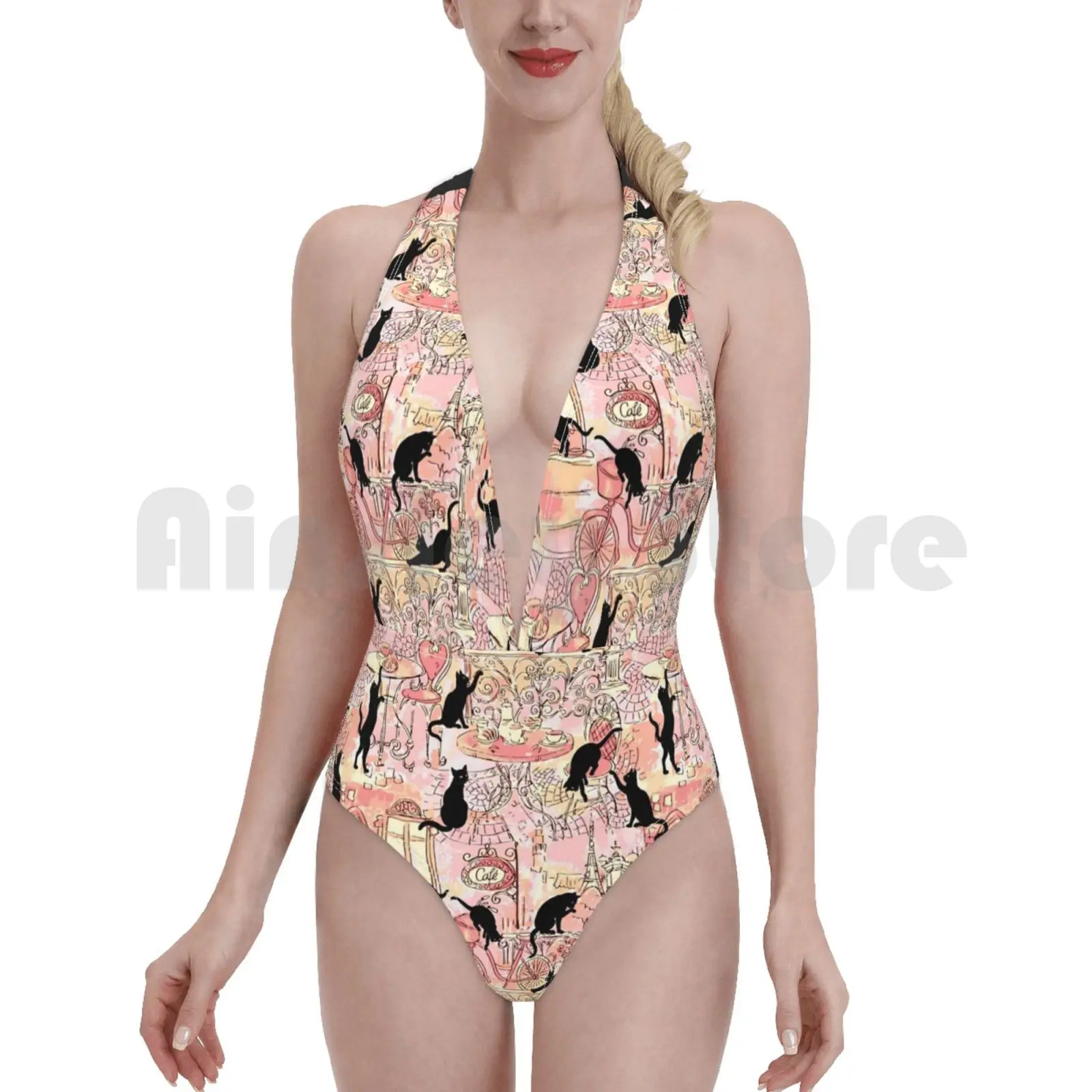 Слитный купальник с черной кошкой Caffé бикини подкладкой Черный кот кошачья