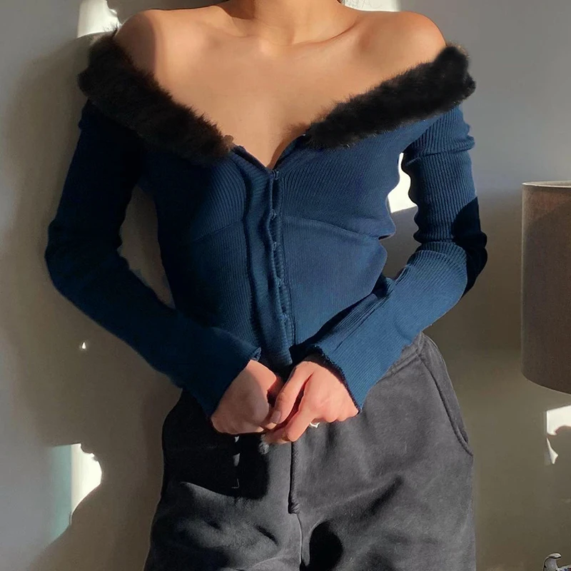 

Autumn Spring Faux Fur Trim Removable T-shirt Ribbed Knitted Button Up Skinny Crop Top V Neck Tees Sexy Women Clothes