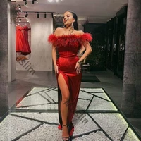 sexy red mermaid prom dresses with feather strapless silk satin high slit long evening dress 2021 cheap women formal dress wears