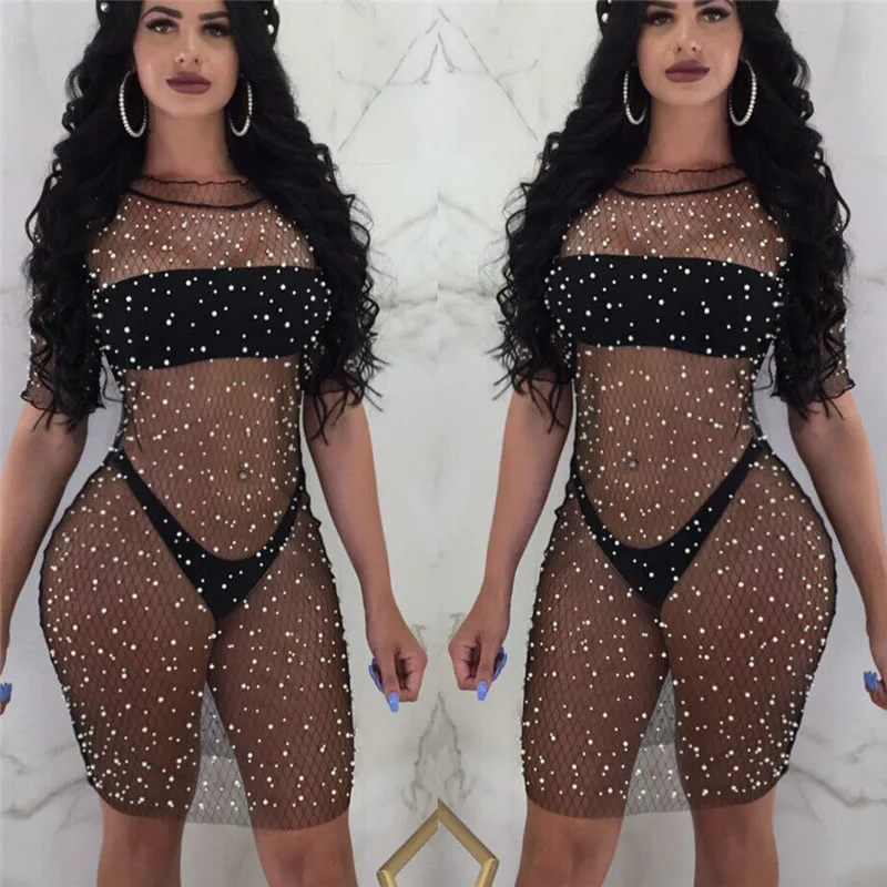 

2021 New Hot Women Sequin Crochet Bikini Cover Up Swimwear Bathing Suit See-Through Beading Cover Up Mesh Tops Beach Dresses