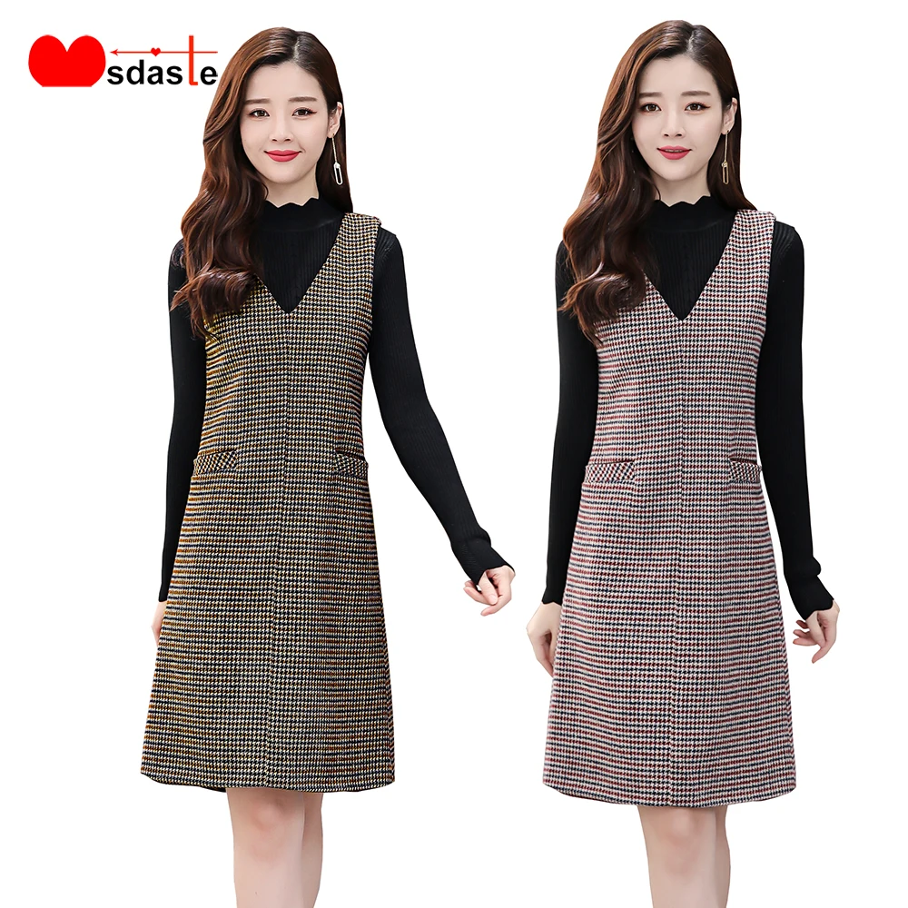 Клетчатое шерстяное женское платье без рукавов осенне зимняя одежда винтажное с