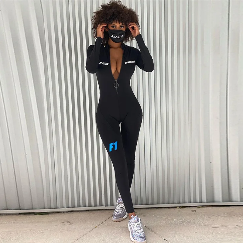

RANMO Letter Print Bodycon Jumpsuits Women Clothing Skinny Sporty Workout Spring Female One Piece Overalls Fitness Cycling 2021